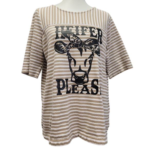 Hand Printed Upcycled Womens XL Cow Heifer Please Striped Back Button Top - Picture 1 of 5